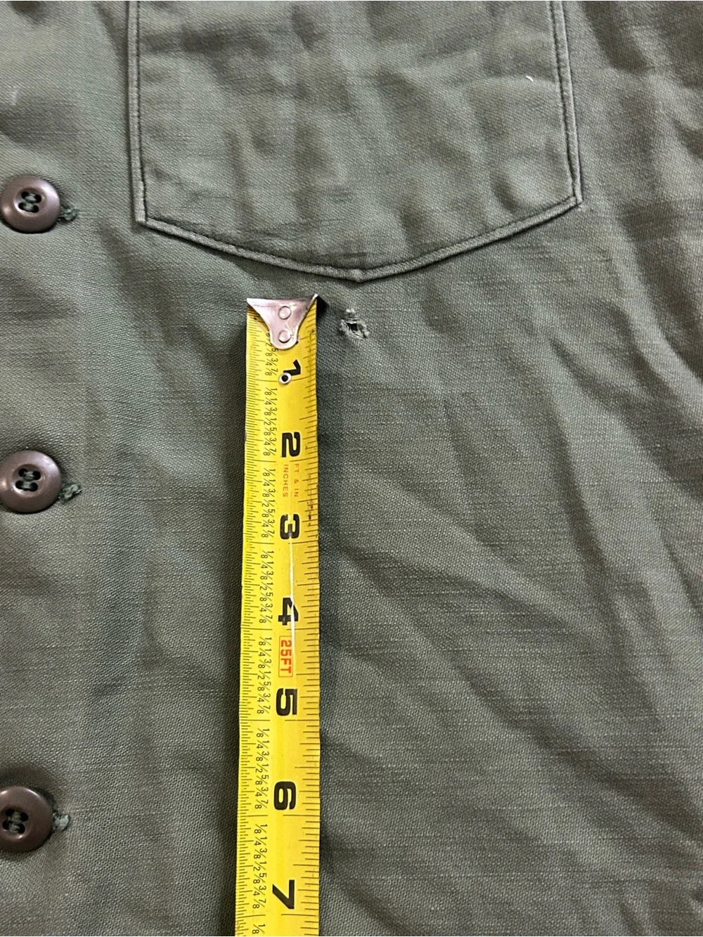 Vintage 1972 OD OG-107 Utility Button Up Sateen Shirt Size 15 1/2 X 35 US Army